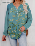 Ladies Almond Blossom Print Knit Henley Top