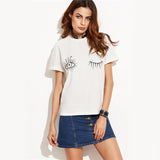 Girls White T Shirt With Wink Eyes Printed