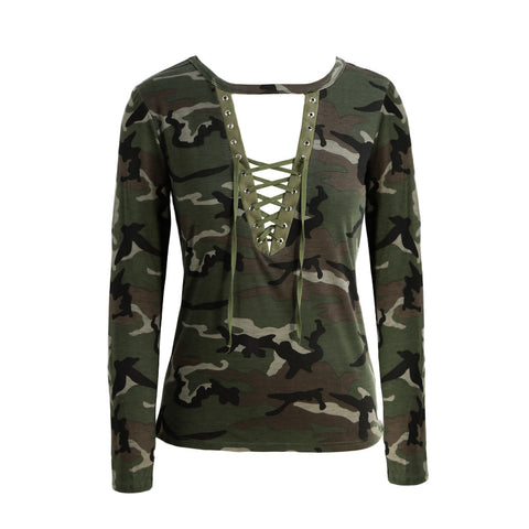 Long Sleeve T-Shirt Lace Up Neck Cross Sexy Army Green – Chicific