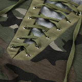 Long Sleeve T-Shirt Lace Up Neck Cross  Sexy Army Green