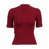 Camiseta feminina de algodão com gola alta, primavera outono meia manga