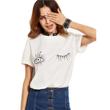 Girls White T Shirt With Wink Eyes Printed