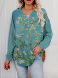 Ladies Almond Blossom Print Knit Henley Top