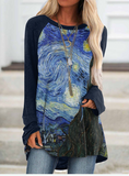 Camiseta feminina casual solta com estampa estrela Van Gogh