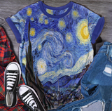 T-shirt casual com estampa solta da série Van Gogh Oil Painting